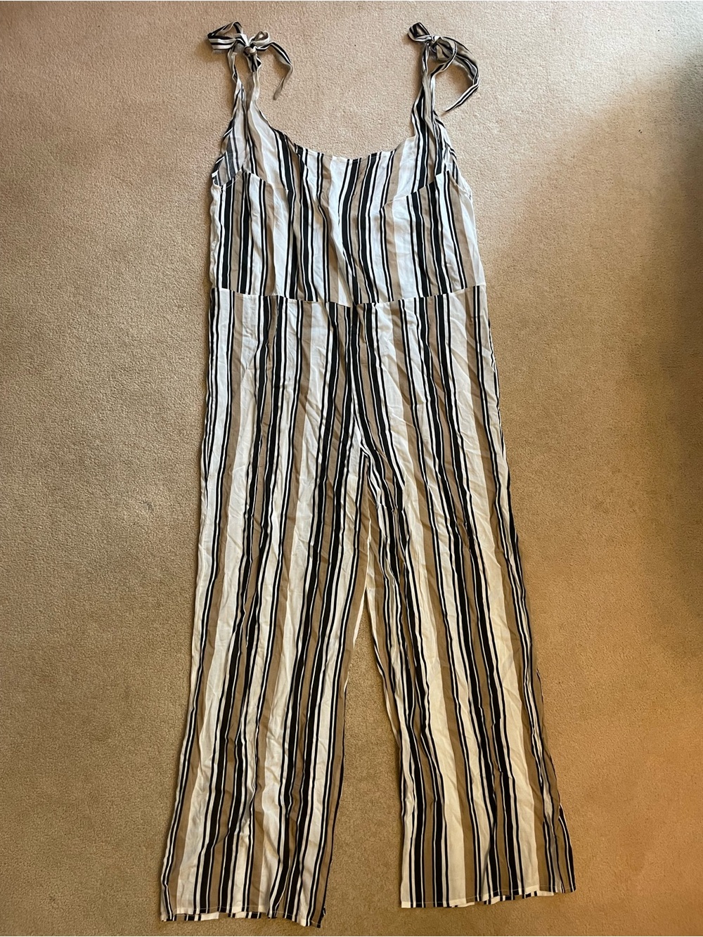 Seea Black and White Vertical-Stripe Tie-Shoulder Jumpsuit